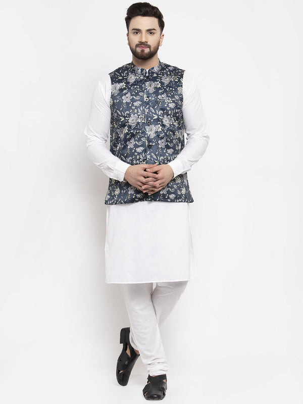 Jashvi Men's Solid Cotton Kurta Pajama with Printed Waistcoat