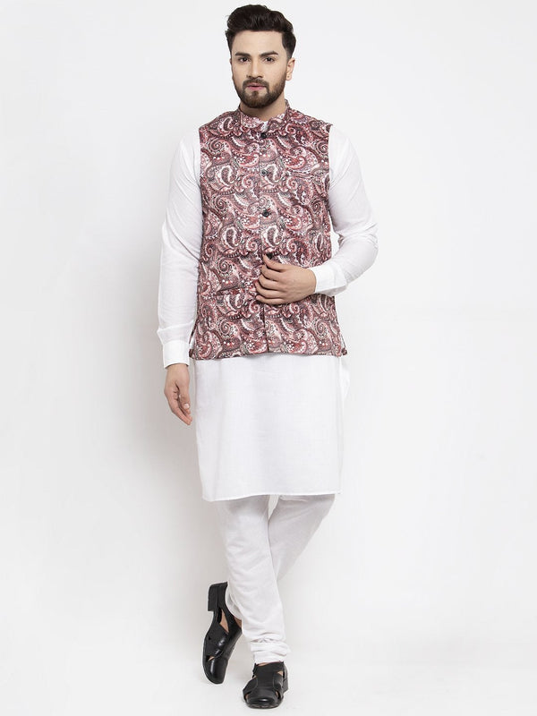 Men's White Solid Kurta with Churidar & Pink Printed Nehru Jacket - Virat Fashions