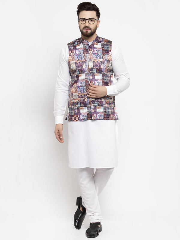 Jashvi Men's Solid Cotton Kurta Pajama with Printed Waistcoat