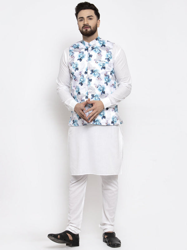 Jashvi Men's Solid Cotton Kurta Pajama with Printed Waistcoat