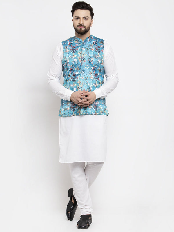 Jashvi Men's Solid Cotton Kurta Pajama with Printed Waistcoat