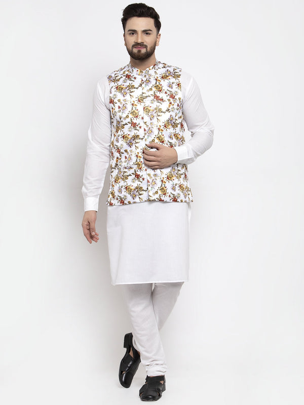 Jashvi Men's Solid Cotton Kurta Pajama with Printed Waistcoat