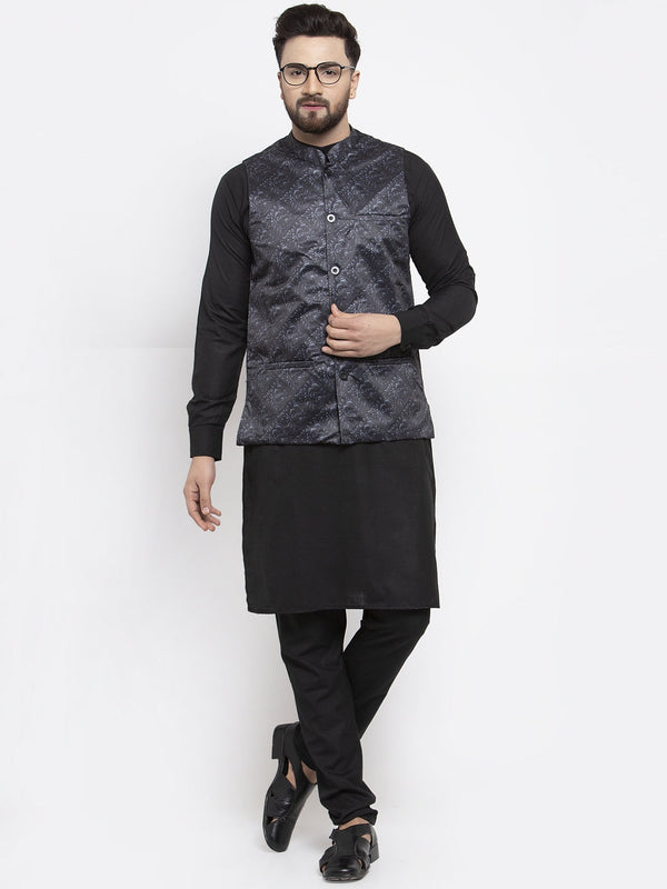 Jashvi Men's Solid Cotton Kurta Pajama with Printed Waistcoat