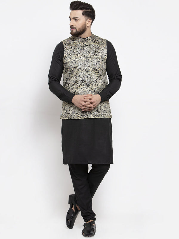 Jashvi Men's Solid Cotton Kurta Pajama with Printed Waistcoat