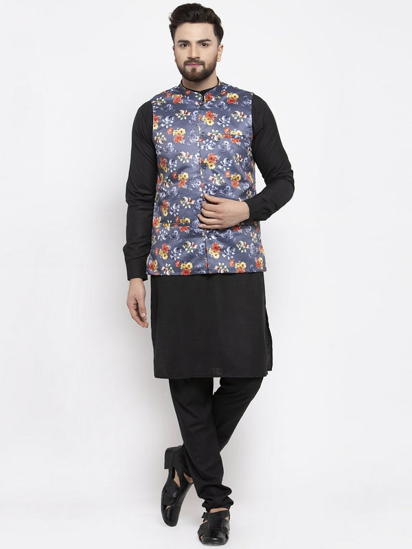 Men's Black Solid Kurta with Churidar & Grey Printed Nehru Jacket - Virat Fashions