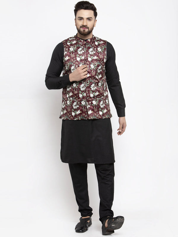 Jashvi Men's Solid Cotton Kurta Pajama with Printed Waistcoat