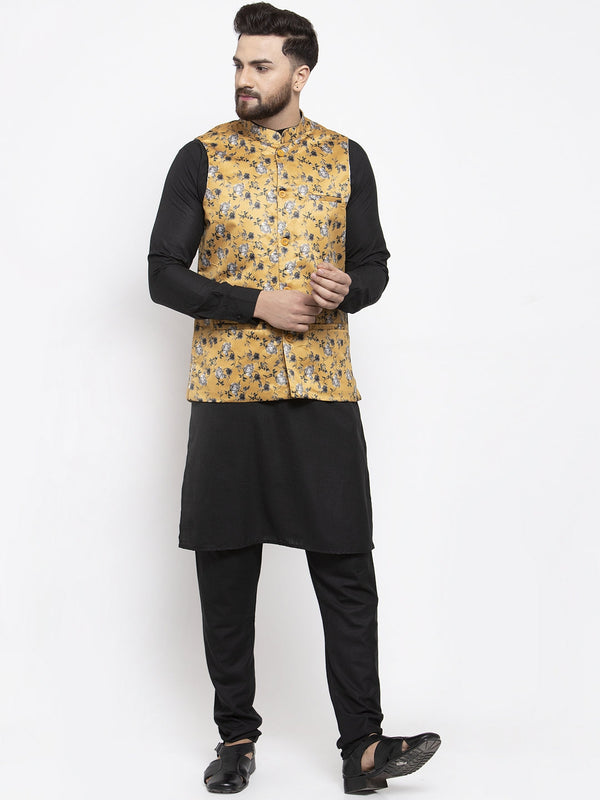 Jashvi Men's Solid Cotton Kurta Pajama with Printed Waistcoat