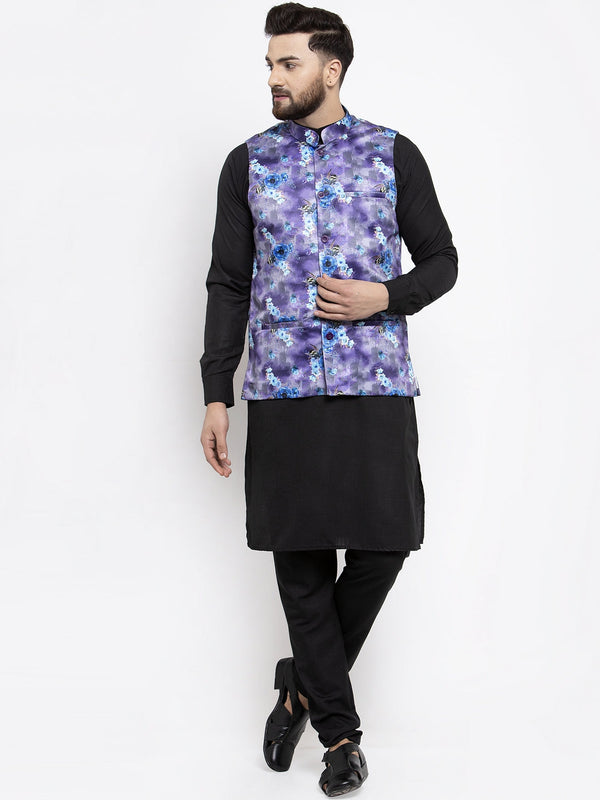 Jashvi Men's Solid Cotton Kurta Pajama with Printed Waistcoat