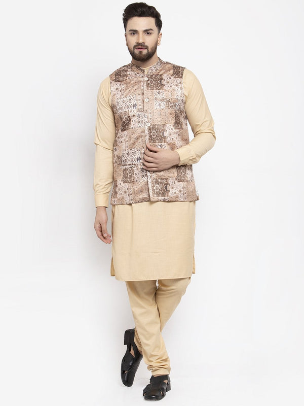 Men's Beige Solid Kurta with Churidar & Beige Printed Nehru Jacket - Virat Fashions