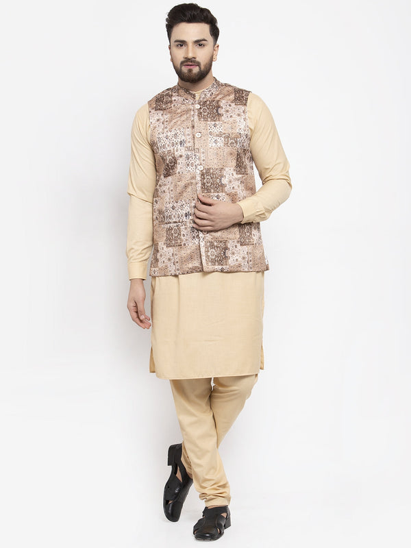 Jashvi Men's Solid Cotton Kurta Pajama with Printed Waistcoat