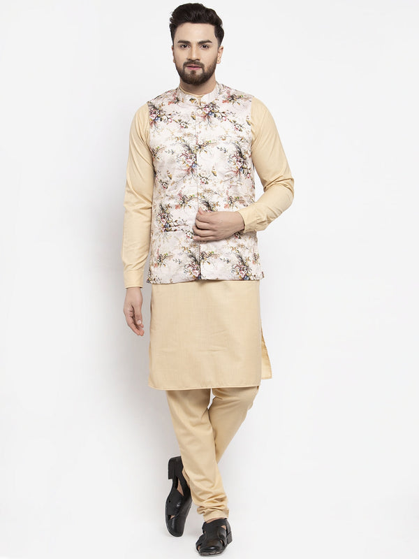 Jashvi Men's Solid Cotton Kurta Pajama with Printed Waistcoat