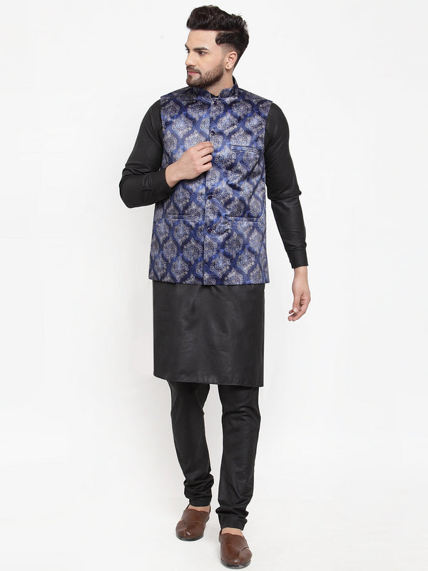 Jashvi Men's Solid Cotton Kurta Pajama with Printed Waistcoat