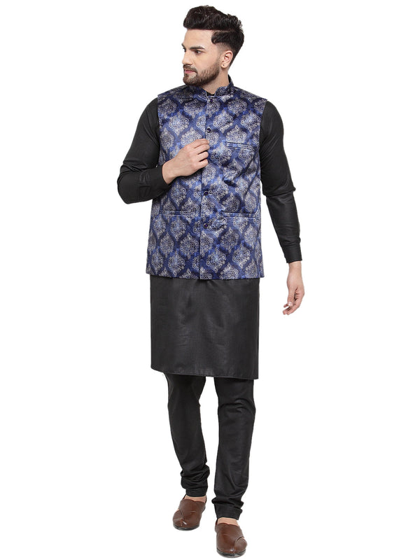 Men's Solid Cotton Kurta Pajama with Printed Waistcoat ( JOKP WC 4061 Blue-B ) - Virat Fashions