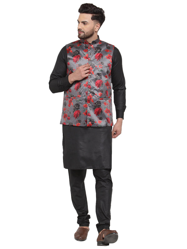 Jashvi Men's Solid Cotton Kurta Pajama with Printed Waistcoat