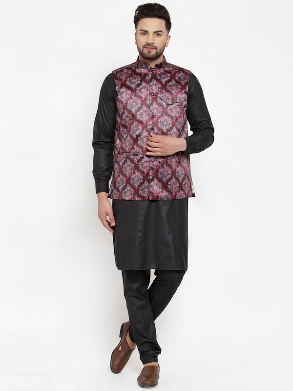 Jashvi Men's Solid Cotton Kurta Pajama with Printed Waistcoat