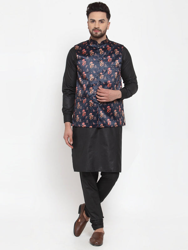 Jashvi Men's Solid Cotton Kurta Pajama with Printed Waistcoat