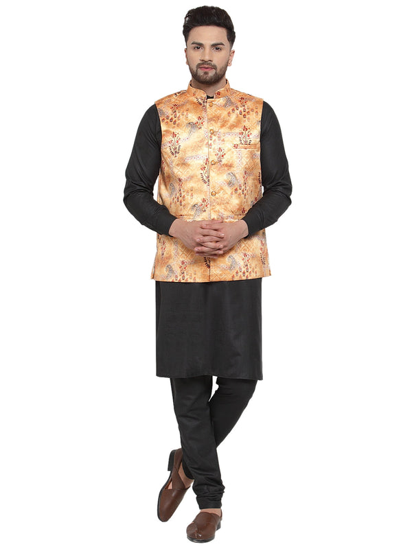 Jashvi Men's Solid Cotton Kurta Pajama with Printed Waistcoat