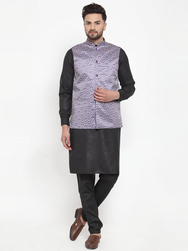 Jashvi Men's Solid Cotton Kurta Pajama with Printed Waistcoat