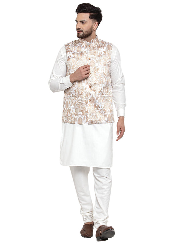 Men's Solid Cotton Kurta Pajama with Printed Waistcoat ( JOKP WC 4062 Beige-W ) - Virat Fashions