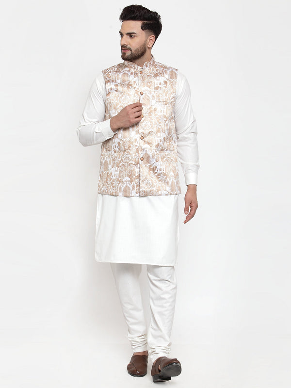 Jashvi Men's Solid Cotton Kurta Pajama with Printed Waistcoat