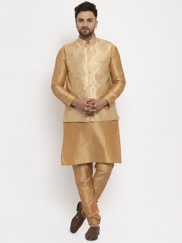 Jashvi Men's Solid Dupion Kurta Pajama with Woven Jacqaurd Waistcoat