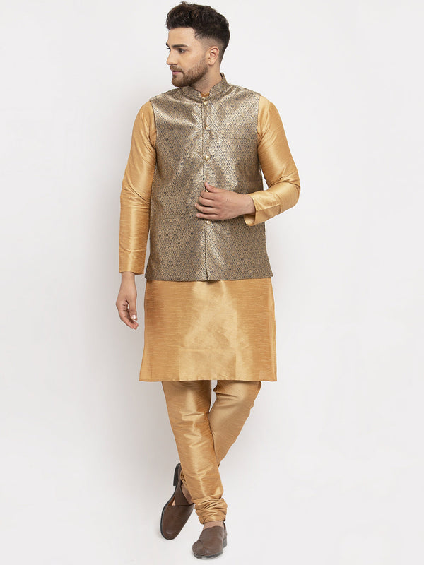 Jashvi Men's Solid Dupion Kurta Pajama with Woven Jacqaurd Waistcoat