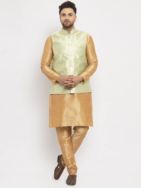 Men's Solid Dupion Kurta Pajama with Woven Jacqaurd Waistcoat ( JOKP WC 4063Lime-G ) - Virat Fashions