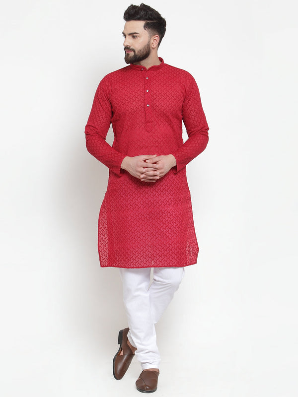 Men's Maroon Chikan Kurta With Churidar ( Jokp 561 Maroon ) - Virat Fashions