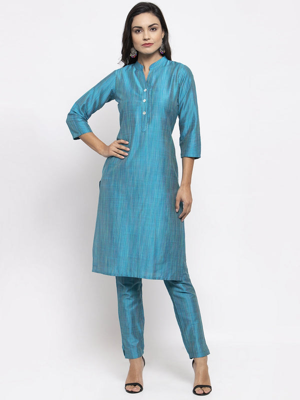 Jashvi Women Blue & Green Self-Striped Kurta with Trousers