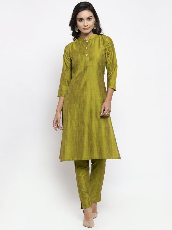 Jashvi Women Green Self-Striped Kurta with Trousers