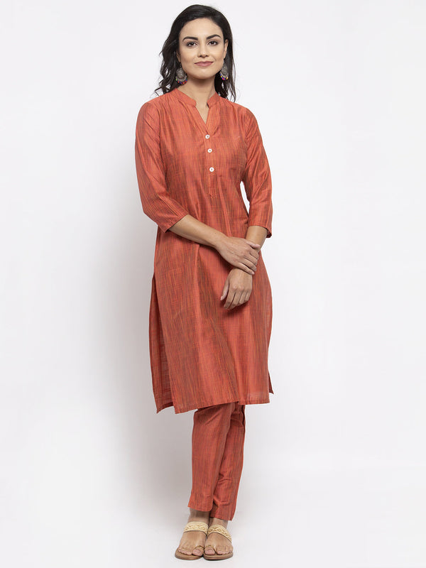 Jashvi Women Orange Self-Striped Kurta with Trousers