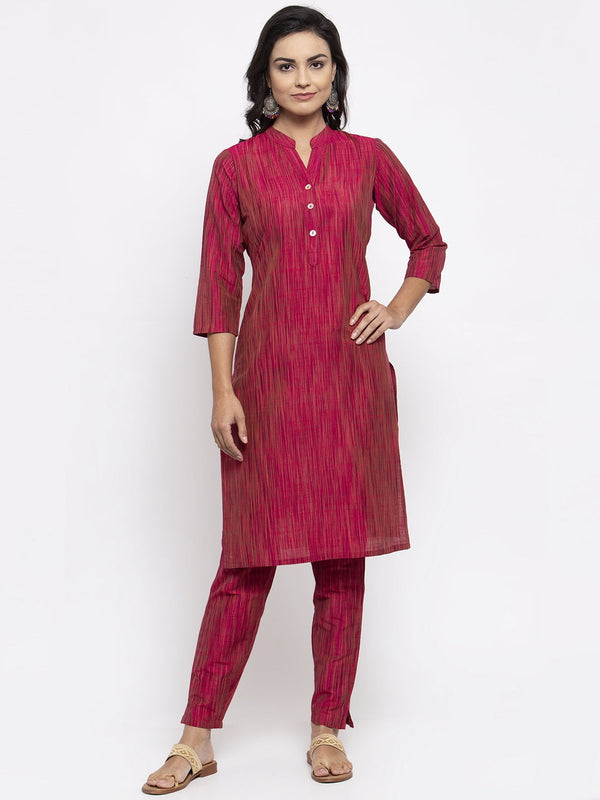 Jashvi Women Pink Self-Striped Kurta with Trousers