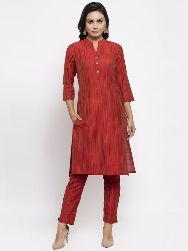 Jashvi Women Red Self-Striped Kurta with Trousers