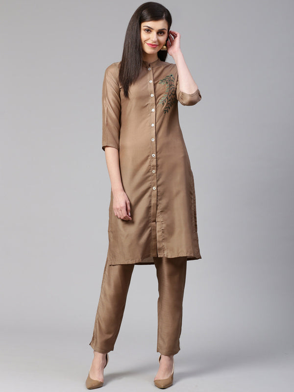 Jashvi Women Brown Embroidered Solid Kurta with Trousers