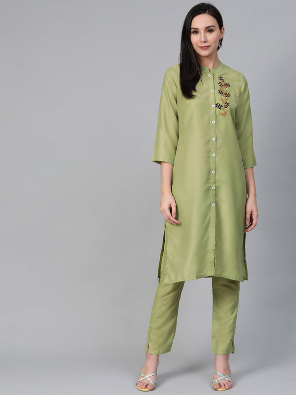 Women Green Embroidered Detail Kurta with Trousers