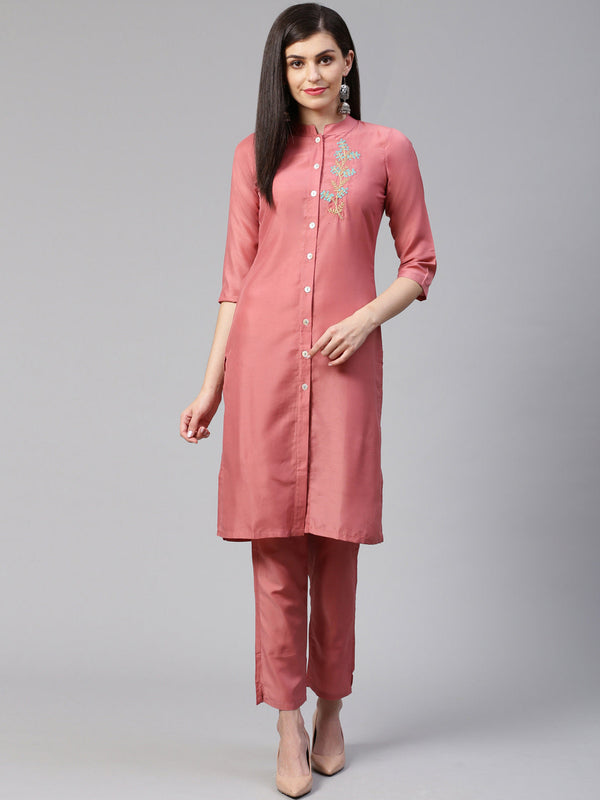 Jashvi Women Pink Embroidered Solid Kurta with Trousers