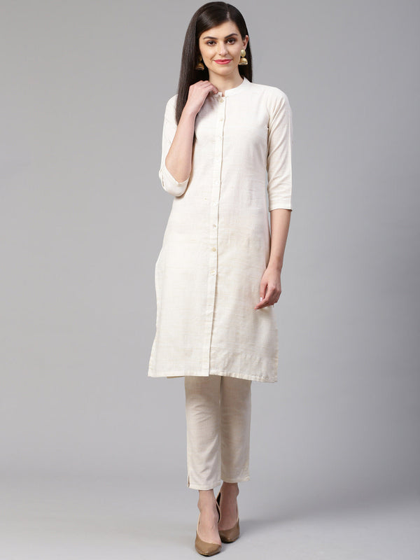 Jashvi Women Off-White Woven Design Kurta with Trousers