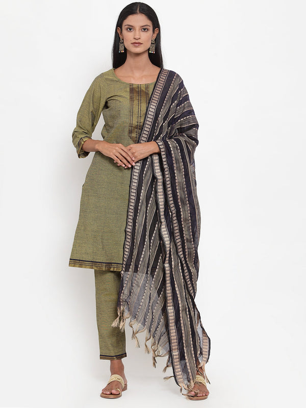 Jashvi Women Mustard Solid Kurta with Trousers & Dupatta