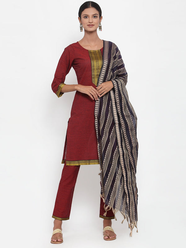 Jashvi Women Maroon Solid Kurta with Trousers & Dupatta