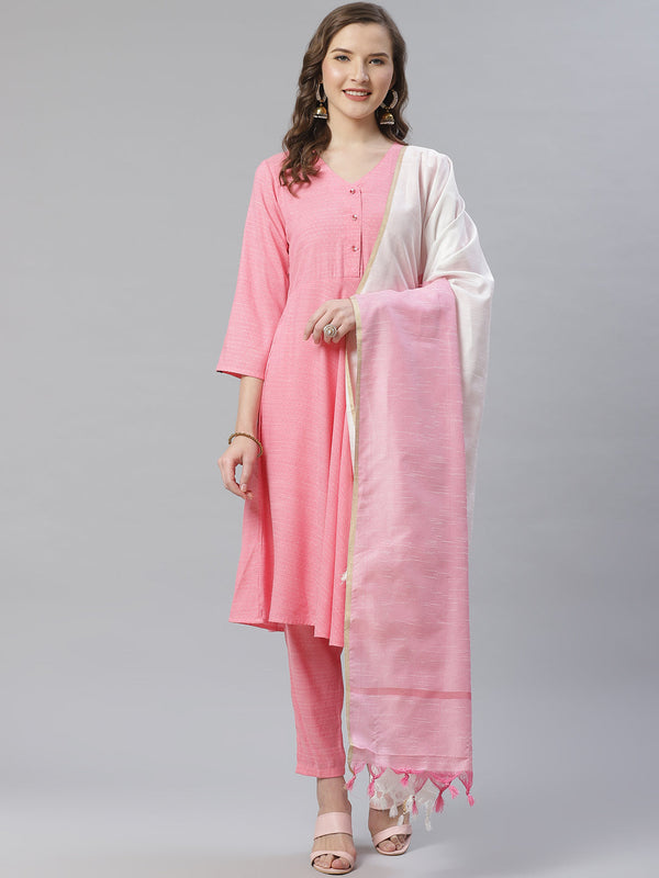 Jashvi Women Pink & White Self Design Kurta with Trousers & Dupatta