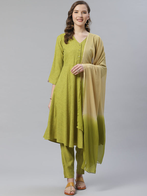 Jashvi Women Green & Beige Self Design Kurta with Trousers & Dupatta