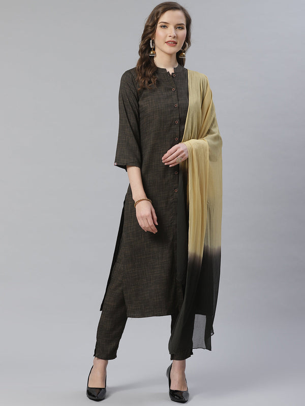 Jashvi Women Charcoal Grey & Beige Self Checked Kurta with Trousers & Dupatta