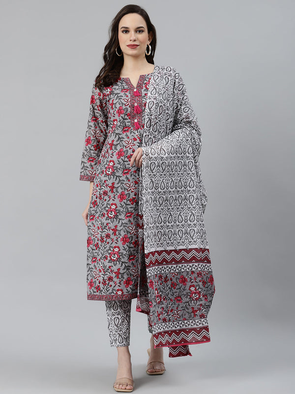 Women Grey & Magenta Block Print Pure Cotton Kurta with Trousers & Dupatta