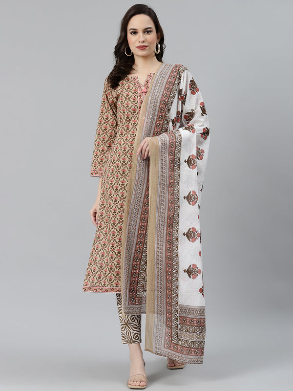 Women Beige & Pink Block Print Pure Cotton Kurta with Trousers & Dupatta