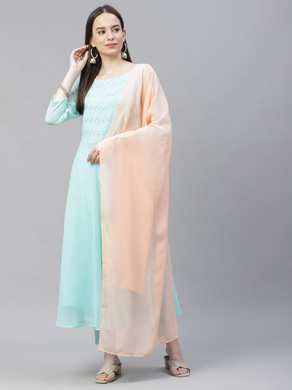 Women's Turquoise Blue Embroidered Regular Sequinned Kurta with Trousers & Dupatta ( JOKS D19Peach 1383 Sky ) - Jompers