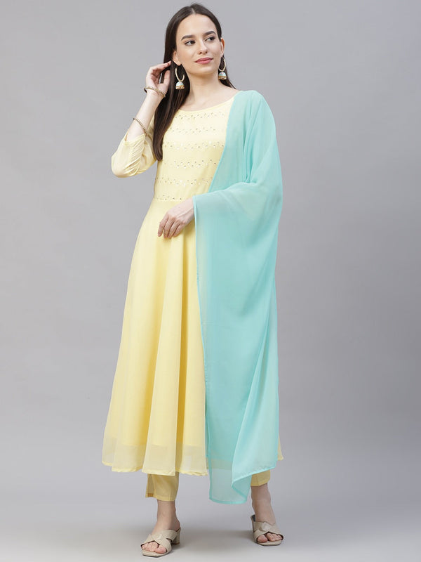 Women Yellow Embroidered Regular Sequinned Kurta with Trousers & Dupatta