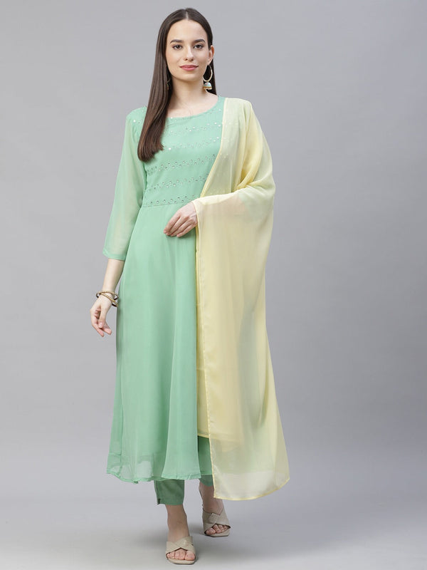 Women's Sea Green Embroidered Regular Sequinned Kurta with Trousers & Dupatta ( JOKS D19Yellow 1383 Green ) - Jompers