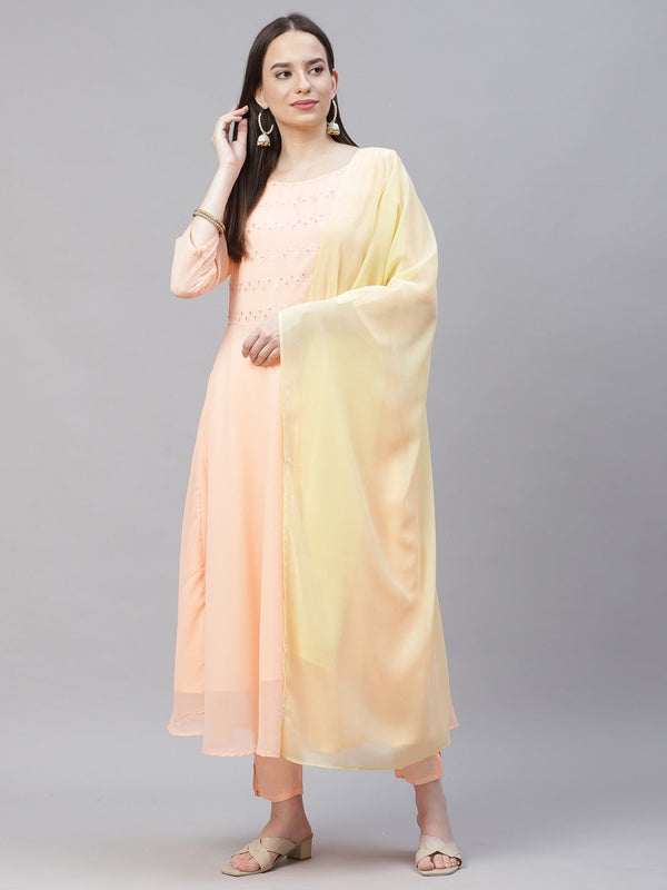 Women's Peach Embroidered Regular Sequinned Kurta with Trousers & Dupatta ( JOKS D19Yellow 1383 Peach ) - Jompers