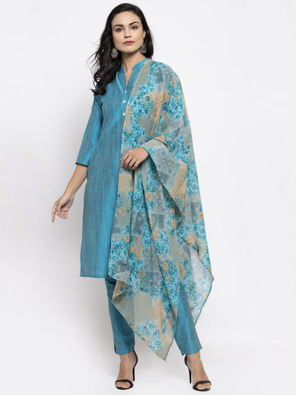 Women's Blue & Green Self Striped Kurta with Trousers & Printed Dupatta - Jompers