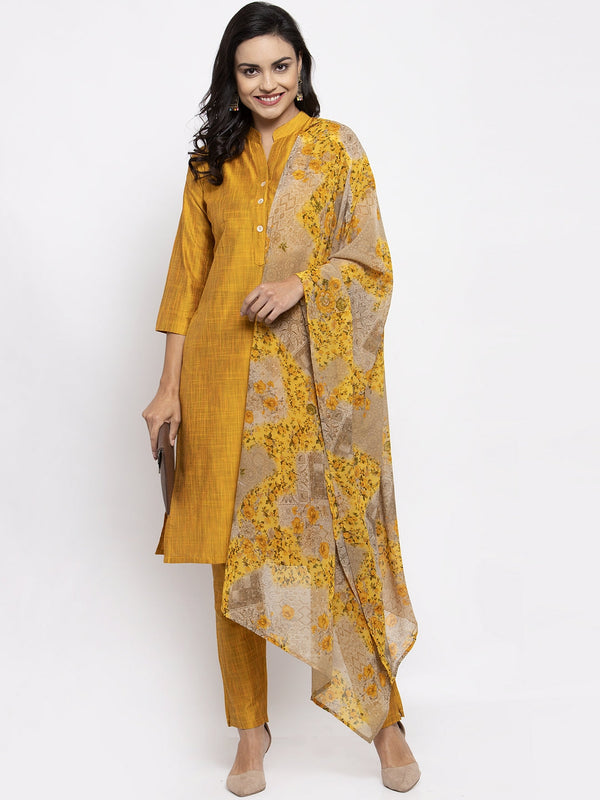 Jashvi Women Yellow Self-Striped Kurta with Trousers & Floral Gorgette Dupatta